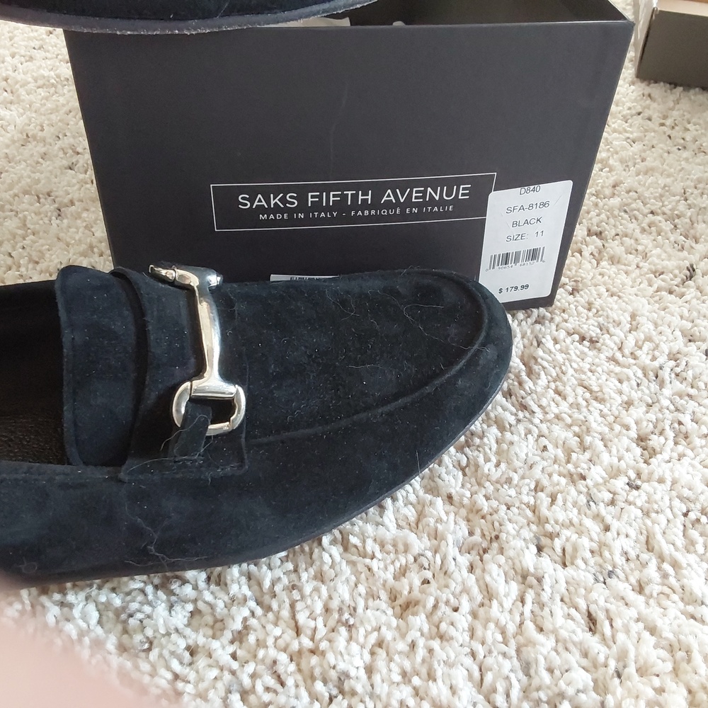 Men's black suede horsebit loafers by Saks Fifth Avenue label